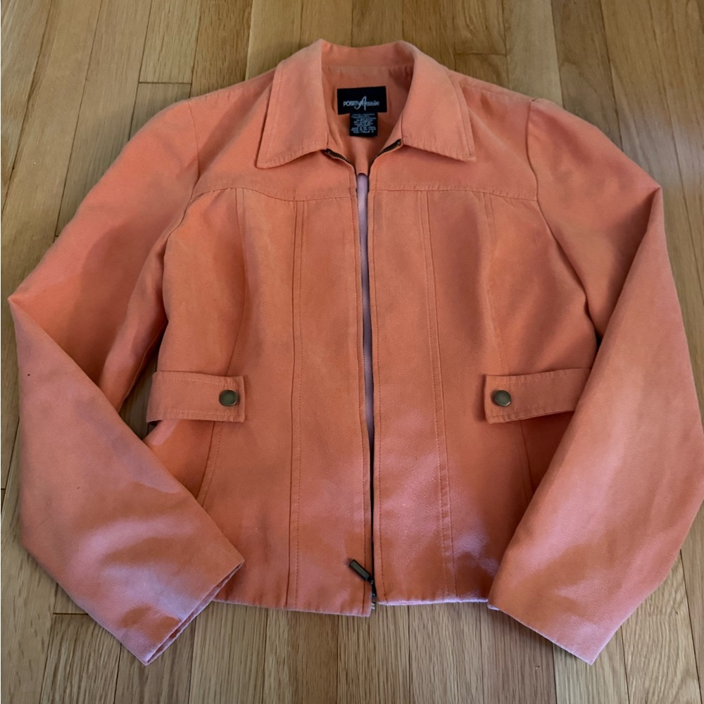 Positive Attitude Orange stylish faux suede jacket & sleeveless lined top. EUC